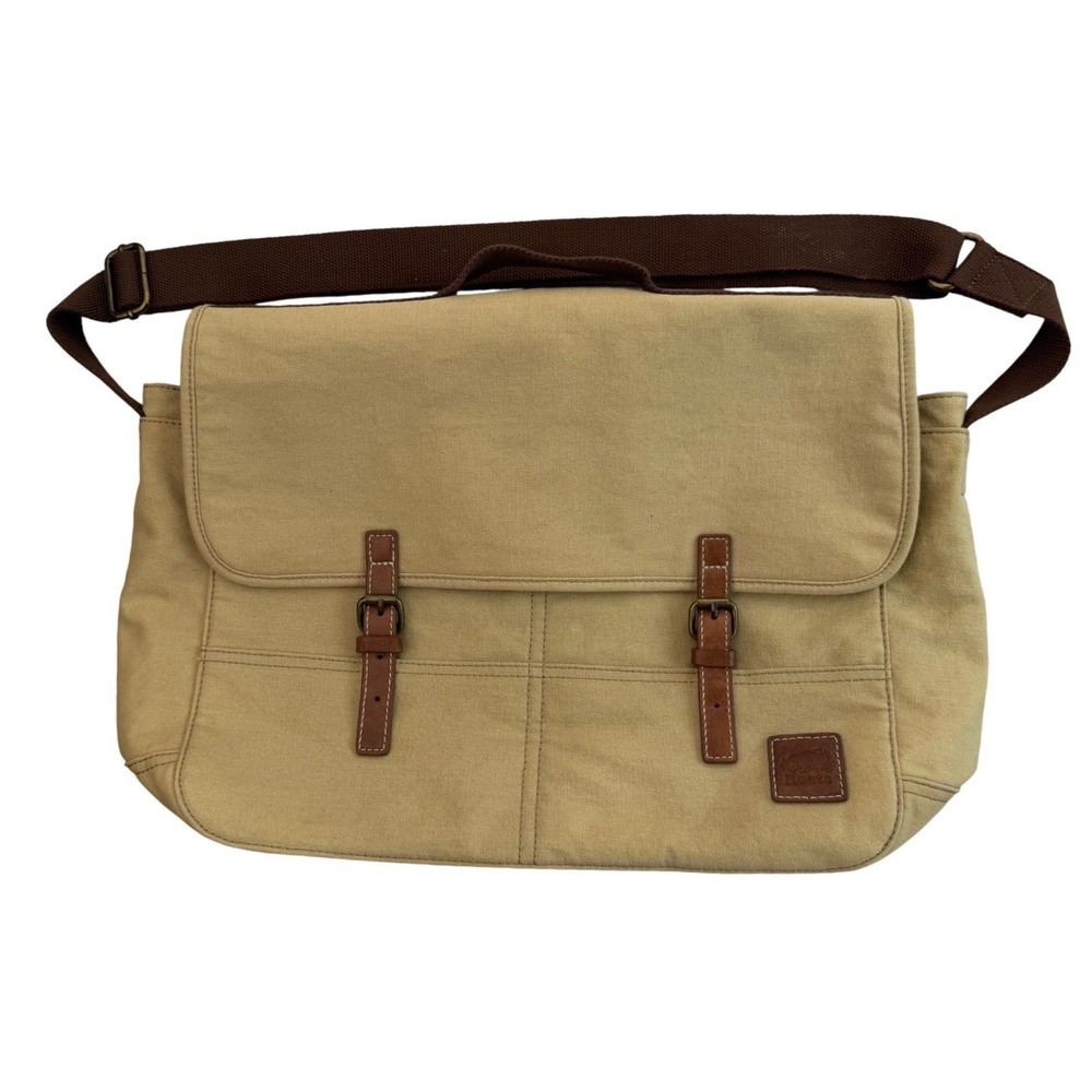 New Roots Laptop Messenger Bag Tan Canvas Leather Buckle Red Interior Gorpcore